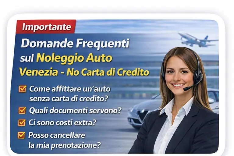 Informazioni utili sul noleggio auto a Venezia e Treviso. Rent a car senza carta di credito, pagamento con carta di debito o contanti, nessun deposito richiesto e opzioni di noleggio flessibili.
